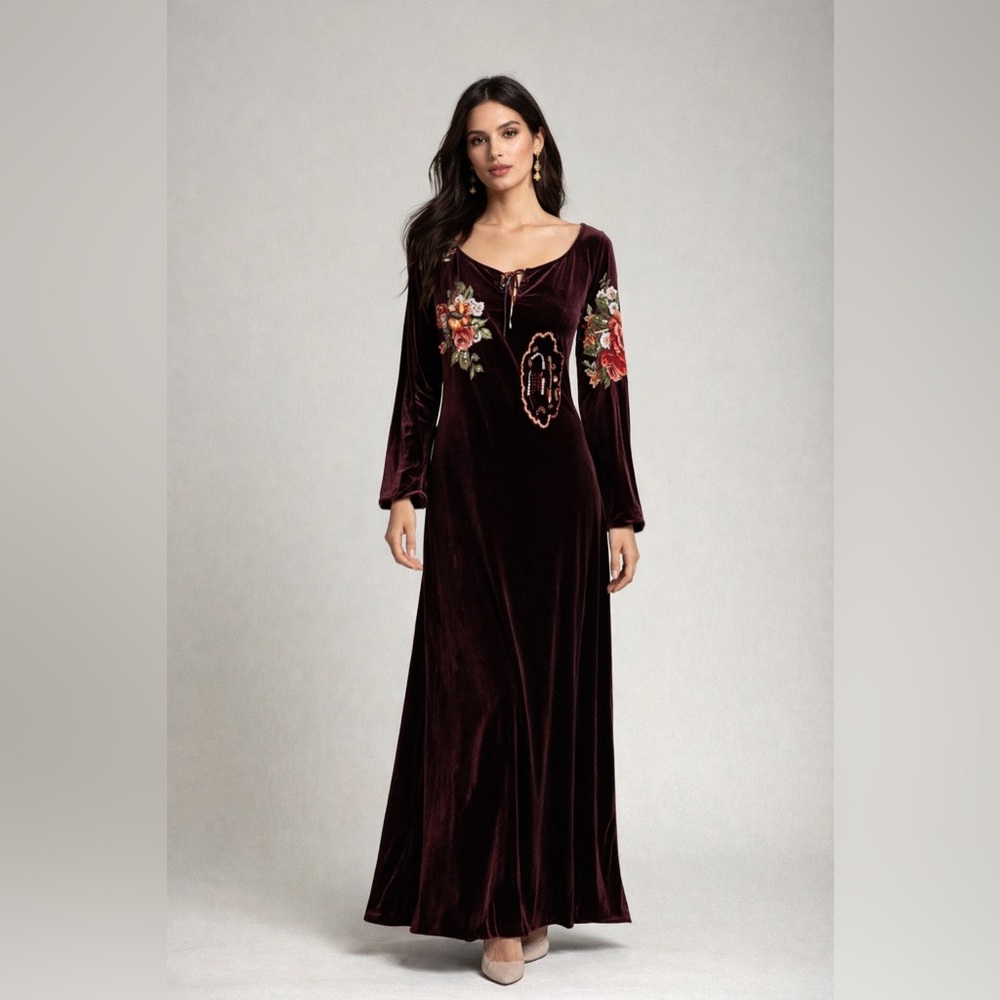 Together Dress maxi sz12 brown Velvet Floral Embroidery long sleeves Whimsgoth
